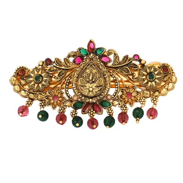 Traditional_Gold-Plated_Hair_Barrette_Clip_with_Floral_Design_and_multicolor_stone_multicolor_beads_Danglers_For_Women_&_Girls