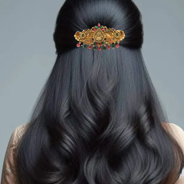 Traditional_Gold-Plated_Hair_Barrette_Clip_with_Floral_Design_and_multicolor_stone_multicolor_beads_Danglers_For_Women_&_Girls