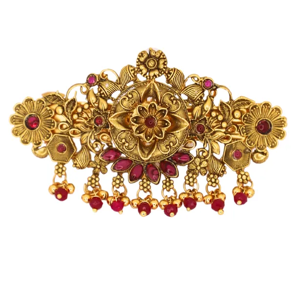 Traditional_Gold-Plated_Hair_Barrette_Clip_with_Floral_Design_and_Pink_stone_small_pink_and_golden_beads_Danglers_For_Women_&_Girls