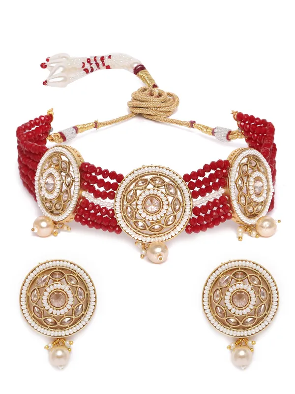 Traditional_Red_Beaded_Choker_Necklace_Set_With_Earrings_For_Women_&_Girls