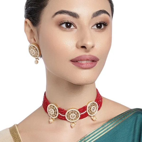 Traditional_Red_Beaded_Choker_Necklace_Set_With_Earrings_For_Women_&_Girls