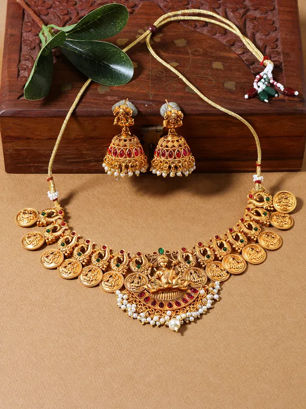 Traditional_Temple_Coin_Necklace_Set_with_Lakshmi_Pendant_&_Jhumka_Earrings_For_Women_&_Girls