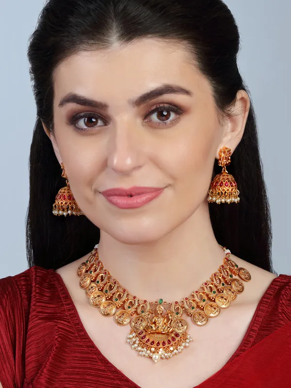 Traditional_Temple_Coin_Necklace_Set_with_Lakshmi_Pendant_&_Jhumka_Earrings_For_Women_&_Girls
