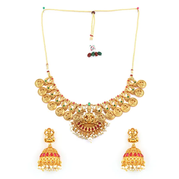 Traditional_Temple_Coin_Necklace_Set_with_Lakshmi_Pendant_&_Jhumka_Earrings_For_Women_&_Girls