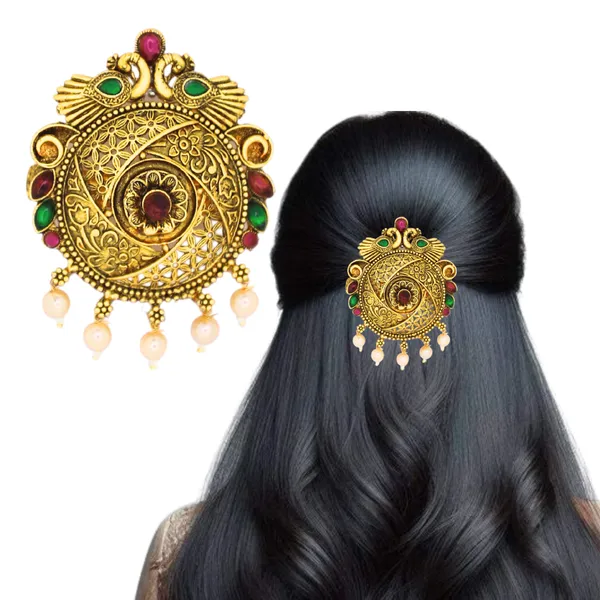 Traditional_Temple_Peacock_Design_Gold-Plated_Round_Hair_Barrette_with_Pearl_Accents_For_Women_&_Girls