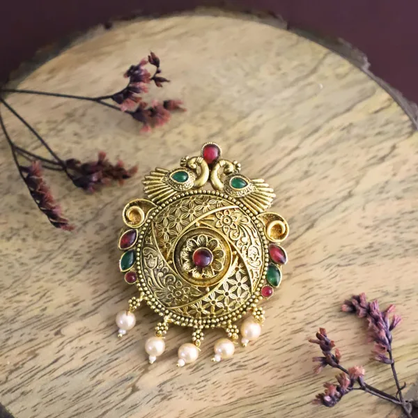 Traditional_Temple_Peacock_Design_Gold-Plated_Round_Hair_Barrette_with_Pearl_Accents_For_Women_&_Girls