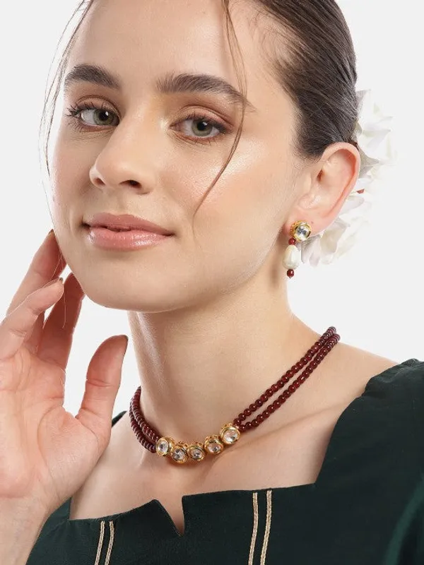 GoldPlated_Kundan_&_Red_Beaded_Necklace_Set_with_Matching_Earrings_For_Women_&_Girls