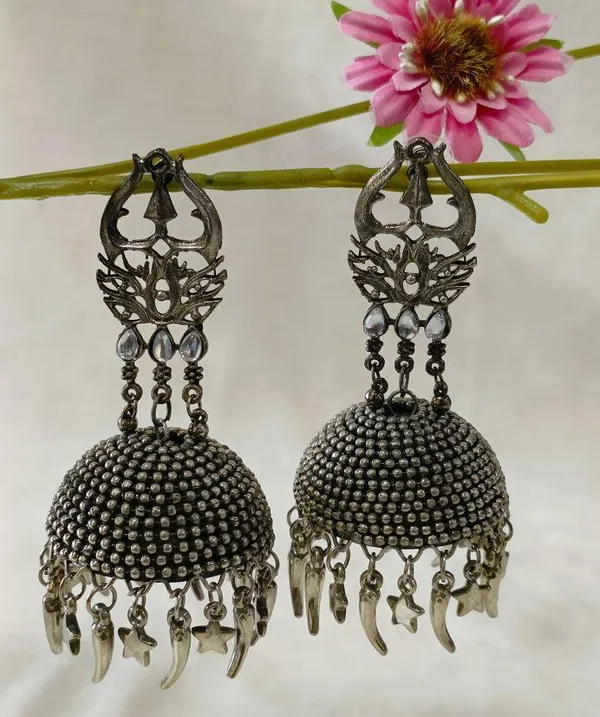 Silver_Oxidised_Trishul_Shape_Afghani_Jhumka_Earring_For_Women_&_Girls