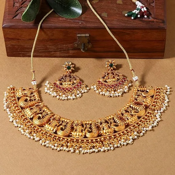 GoldTone_Temple_Necklace_and_Earrings_Set___Traditional_Indian_Jewelry_Set_For_Women_&_Girls
