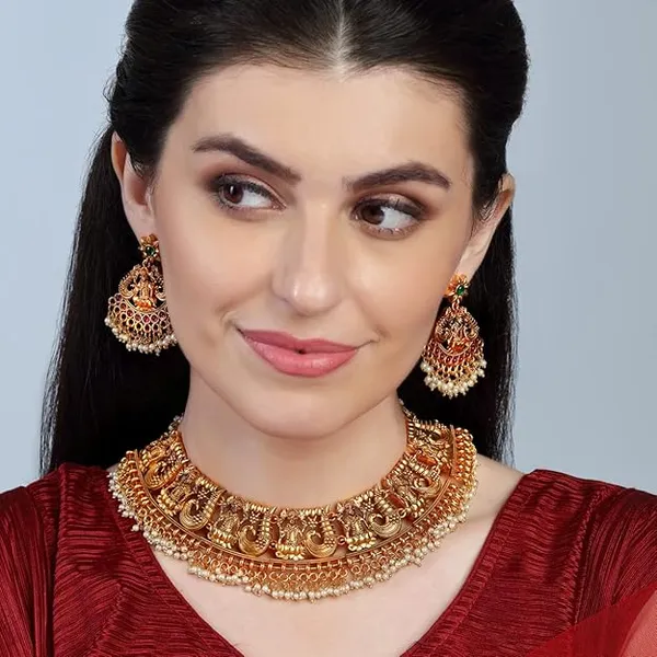 GoldTone_Temple_Necklace_and_Earrings_Set___Traditional_Indian_Jewelry_Set_For_Women_&_Girls
