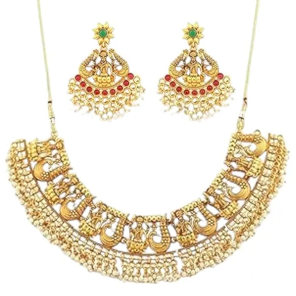 GoldTone_Temple_Necklace_and_Earrings_Set___Traditional_Indian_Jewelry_Set_For_Women_&_Girls