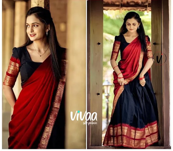 Black_Kanjivaram_Soft_Silk_Wedding_&_Party_Wear_Half_Saree_&_Unstiched_Blouse_For_Women