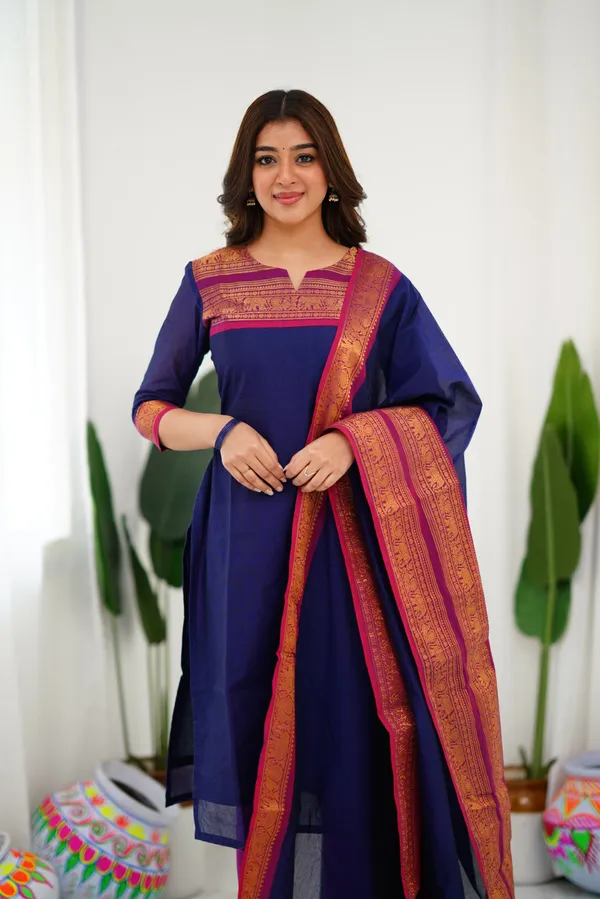 Blue_&_Pink_Shade_Kanchi_Cotton_Salwar_With_Dupatta_For_Women