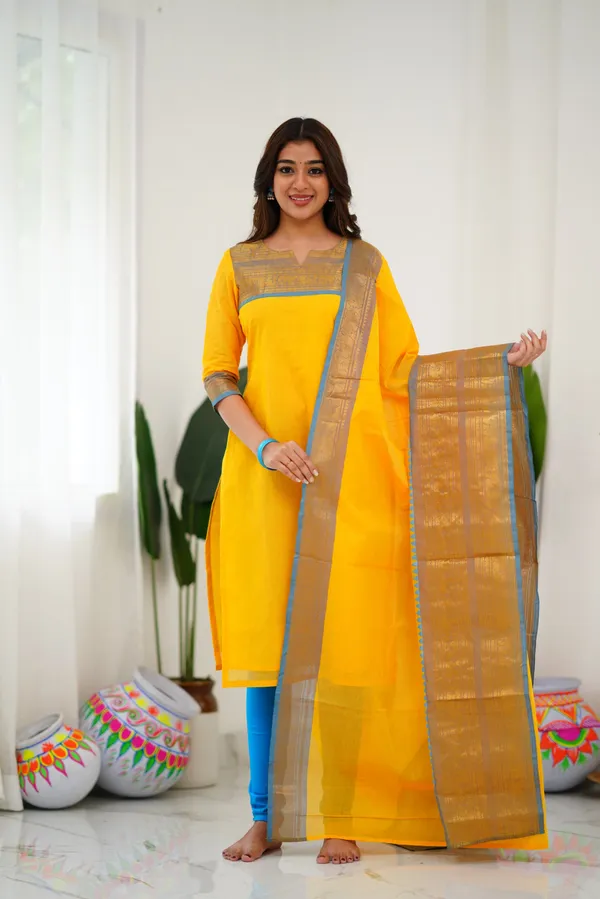 Yellow_and_Light_Blue_Shade_Kanchi_cotton_Salwar_With_Dupatta