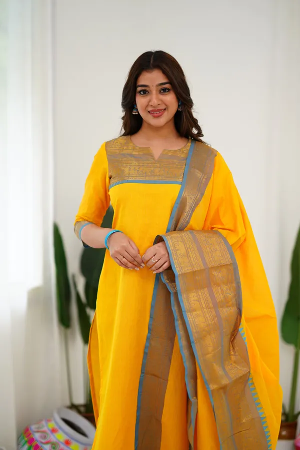 Yellow_and_Light_Blue_Shade_Kanchi_cotton_Salwar_With_Dupatta