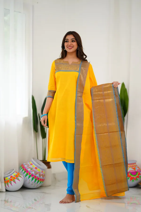 Yellow_and_Light_Blue_Shade_Kanchi_cotton_Salwar_With_Dupatta