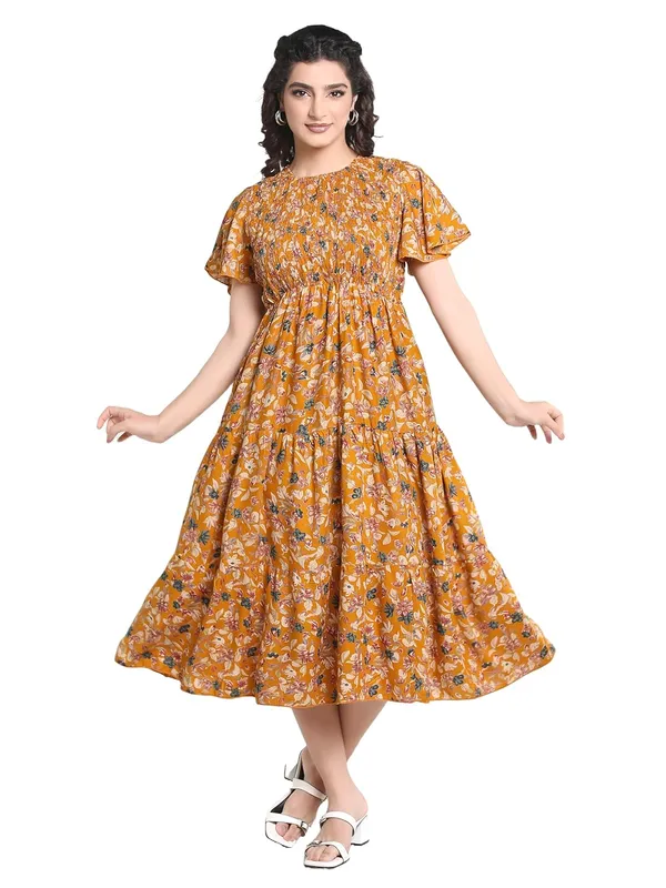 Yellow_Rayon_One_Piece_Midi_Dress_For_Women