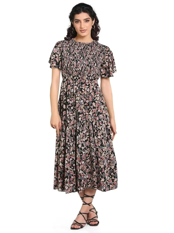Dark_Green_Floral_Rayon_One_Piece_Midi_Dress_For_Women