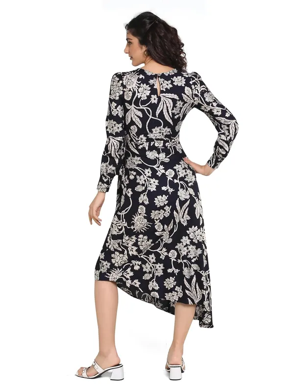 Navy_Blue_Floral_Rayon_One_Piece_Midi_Dress_For_Women