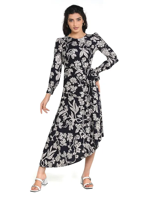 Navy_Blue_Floral_Rayon_One_Piece_Midi_Dress_For_Women