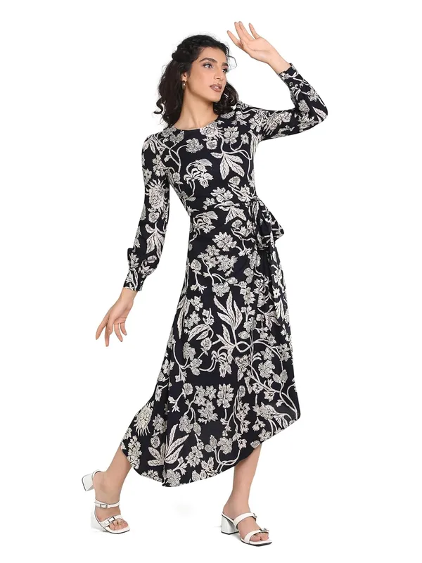 Navy_Blue_Floral_Rayon_One_Piece_Midi_Dress_For_Women