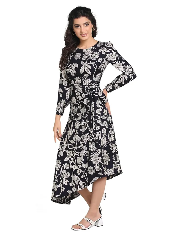 Navy_Blue_Floral_Rayon_One_Piece_Midi_Dress_For_Women