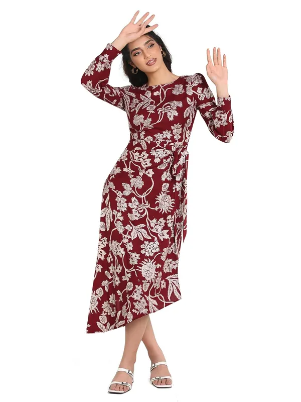Marron_Rayon_One_Piece_Midi_Dress_For_Women