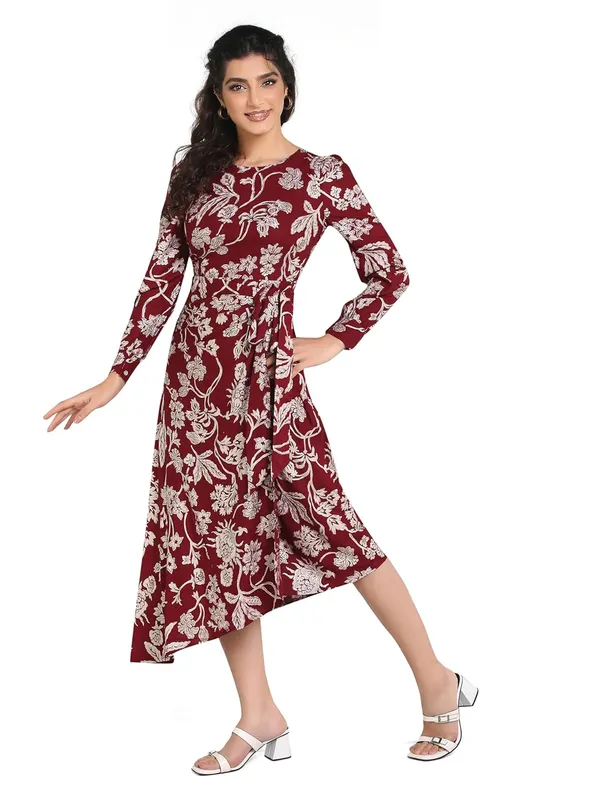 Marron_Rayon_One_Piece_Midi_Dress_For_Women