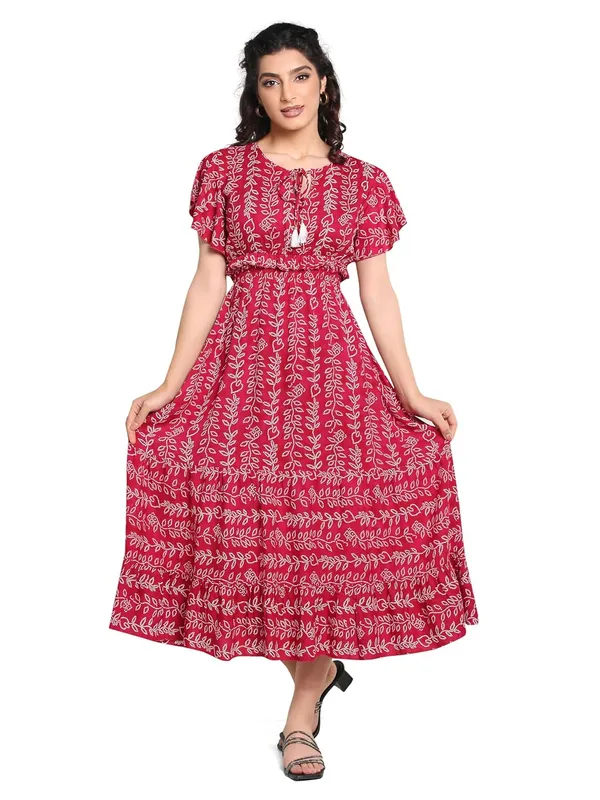 Pink_Round_Neck_Dori_Rayon_One_Piece_Midi_Dress_For_Women