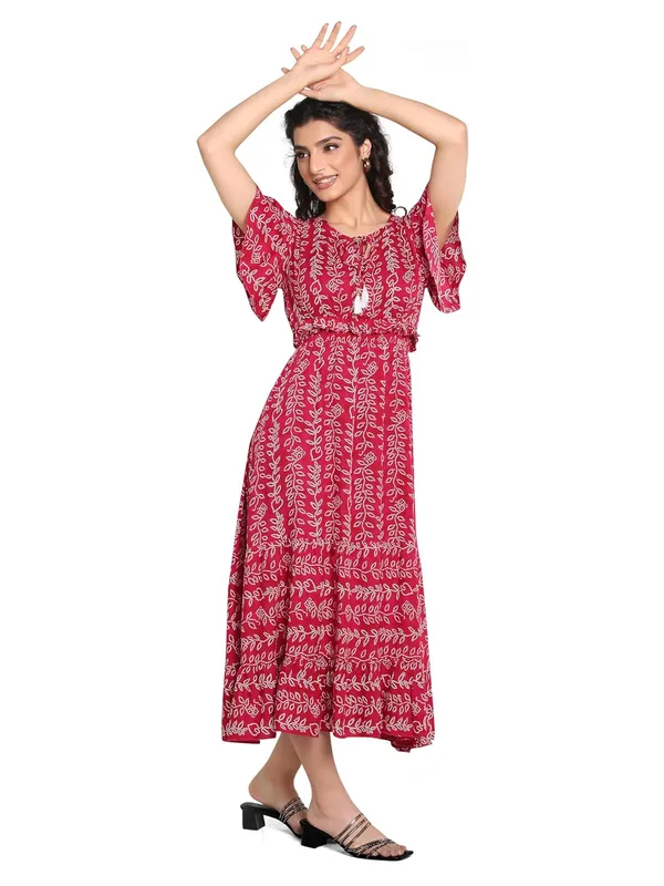 Pink_Round_Neck_Dori_Rayon_One_Piece_Midi_Dress_For_Women