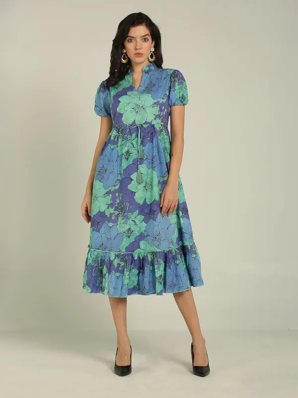 Blue_&_Purple_Floral_Cotton_One_Piece_Midi_Dress_For_Women