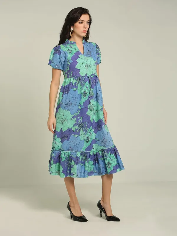 Blue_&_Purple_Floral_Cotton_One_Piece_Midi_Dress_For_Women