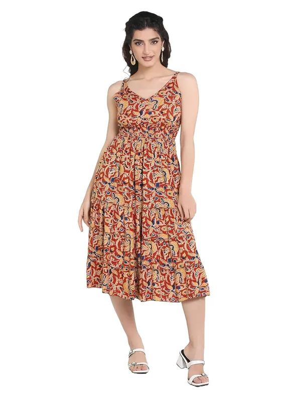 Red_V-Neck_Rayon_One_Piece_Midi_Dress_For_Women
