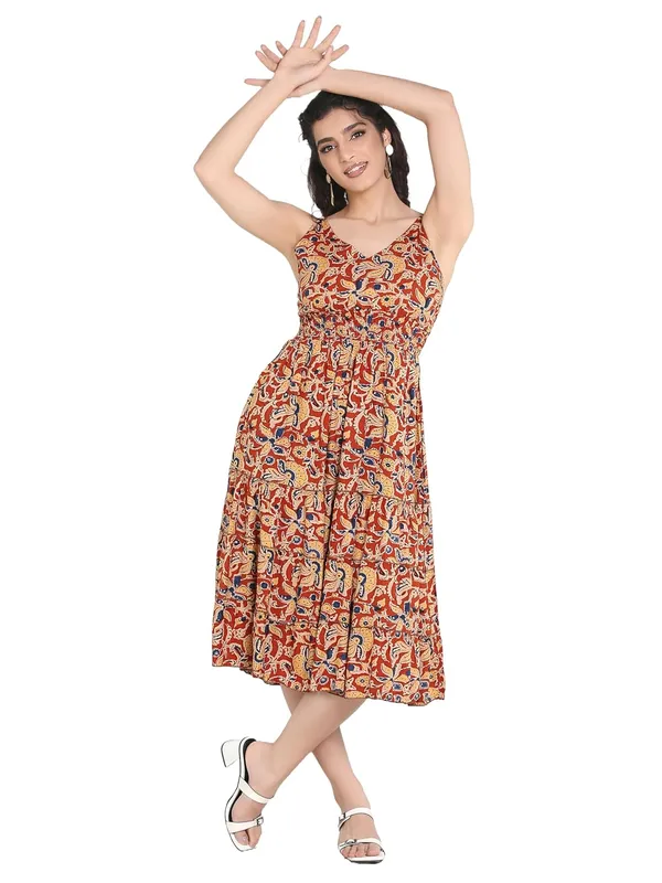 Red_V-Neck_Rayon_One_Piece_Midi_Dress_For_Women