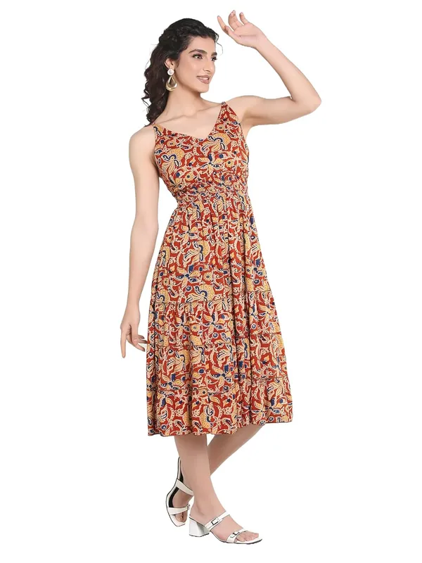Red_V-Neck_Rayon_One_Piece_Midi_Dress_For_Women