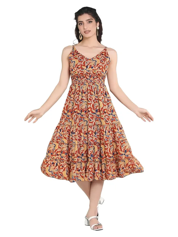 Red_V-Neck_Rayon_One_Piece_Midi_Dress_For_Women