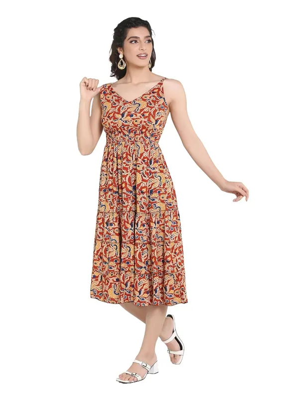 Red_V-Neck_Rayon_One_Piece_Midi_Dress_For_Women