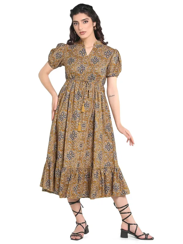 Mustard_Yellow_Cambric_Cotton_One_Piece_Midi_Dress_For_Women