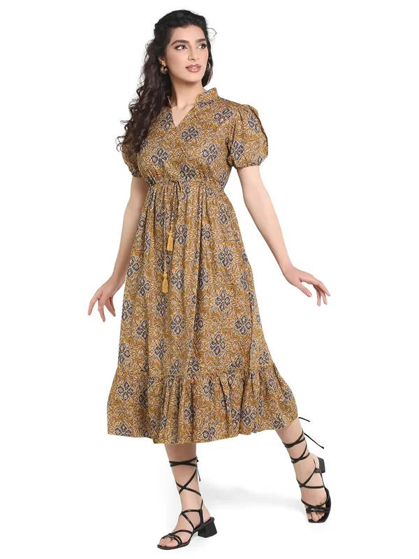 Mustard_Yellow_Cambric_Cotton_One_Piece_Midi_Dress_For_Women