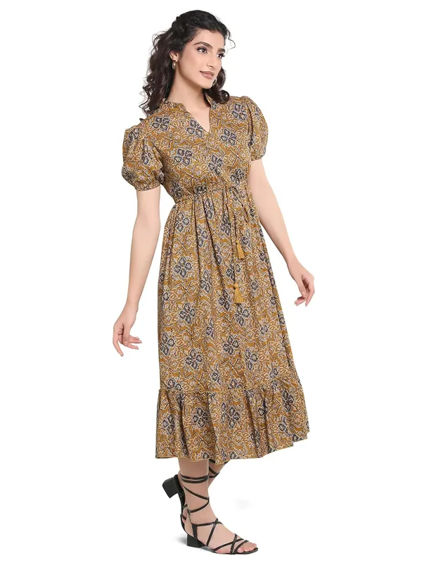 Mustard_Yellow_Cambric_Cotton_One_Piece_Midi_Dress_For_Women