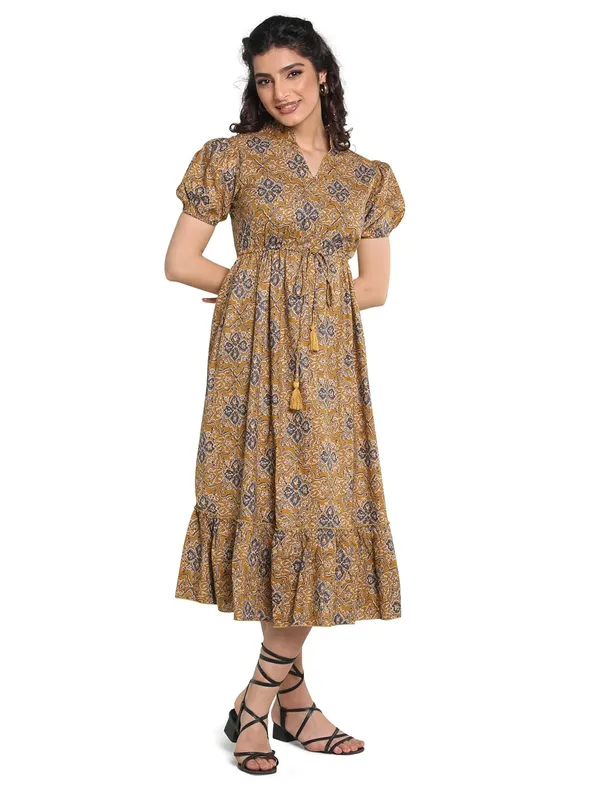 Mustard_Yellow_Cambric_Cotton_One_Piece_Midi_Dress_For_Women