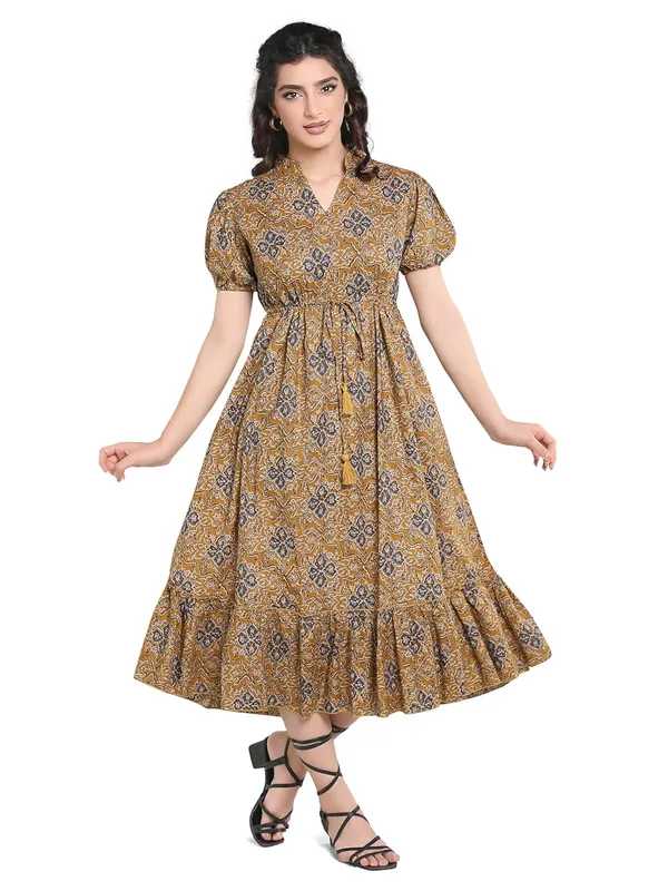 Mustard_Yellow_Cambric_Cotton_One_Piece_Midi_Dress_For_Women
