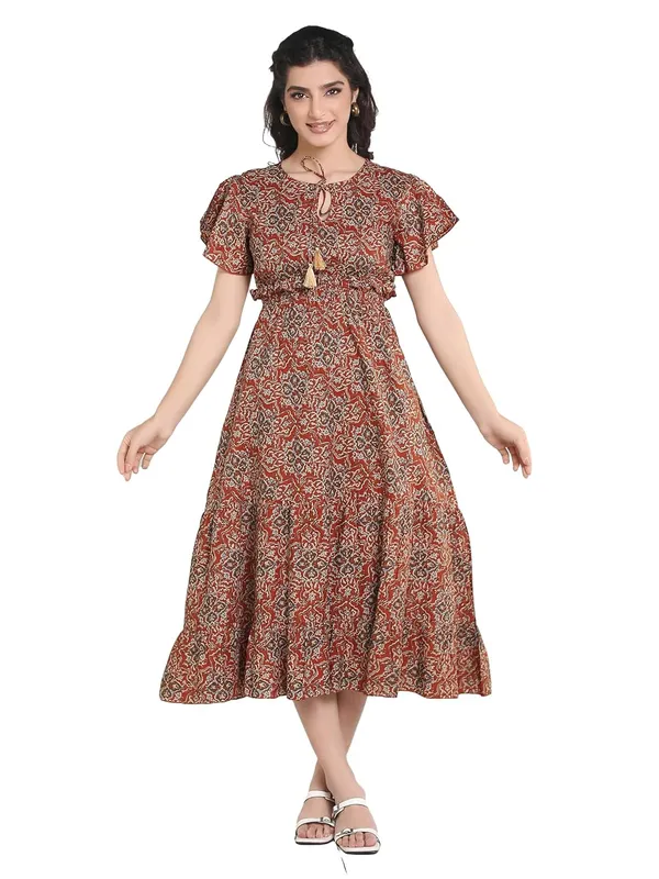 Rust_Cambric_Cotton_One_Piece_Midi_Dress_For_Women
