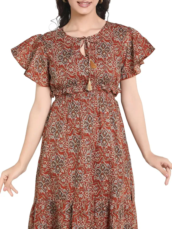 Rust_Cambric_Cotton_One_Piece_Midi_Dress_For_Women