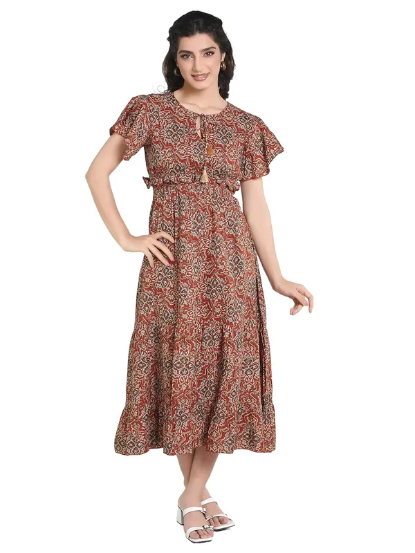 Rust_Cambric_Cotton_One_Piece_Midi_Dress_For_Women