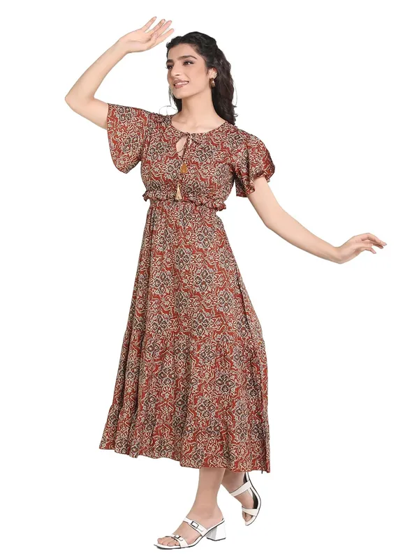 Rust_Cambric_Cotton_One_Piece_Midi_Dress_For_Women