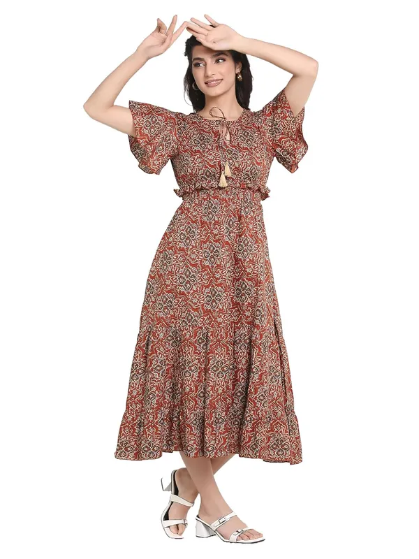 Rust_Cambric_Cotton_One_Piece_Midi_Dress_For_Women