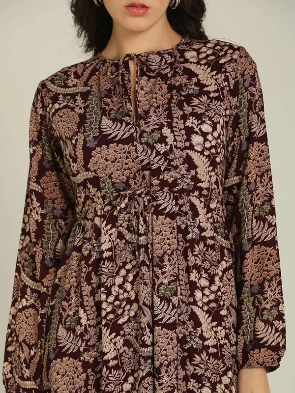 Brown_Floral_Rayon_One_Piece_Midi_Dress_For_Women
