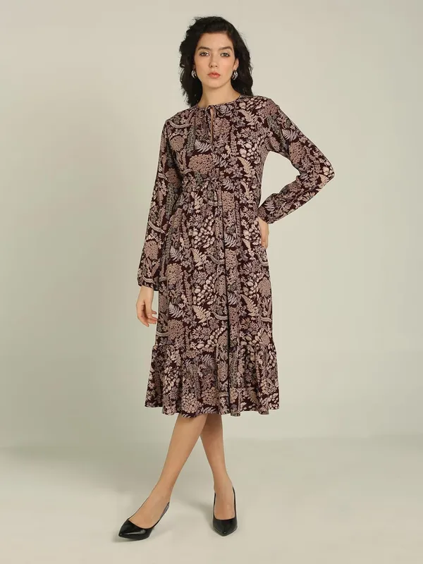 Brown_Floral_Rayon_One_Piece_Midi_Dress_For_Women