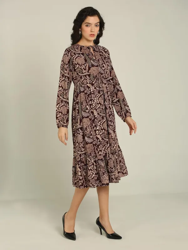 Brown_Floral_Rayon_One_Piece_Midi_Dress_For_Women